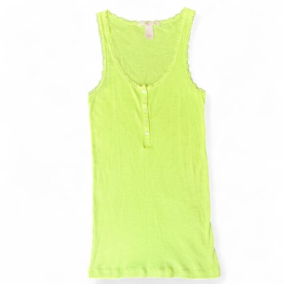 Victoria's Secret Tops - Victoria's Secret Y2K Lace Trim Button Long Ribbed Cami Tank Top Neon Yellow S